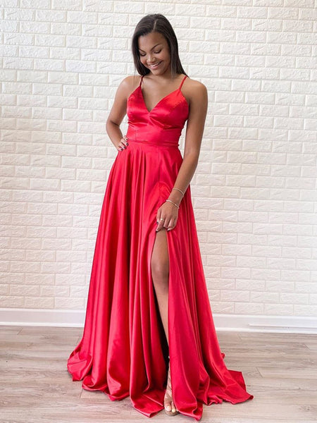 Simple A Line V Neck Red Satin Long Prom Dresses with Slit, V Neck Red Formal Dresses, Red Evening Dresses