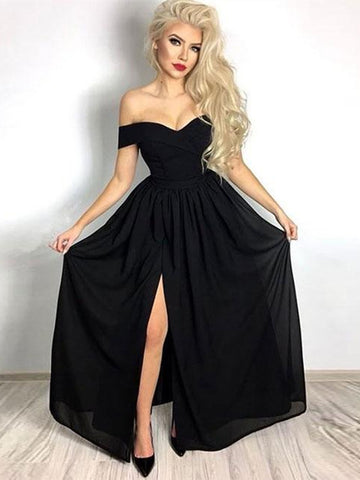 Simple Black Off Shoulder Chiffon Long Prom Dresses with Leg Slit, Off Shoulder Black Formal Dresses Chiffon Slit Evening Dresses