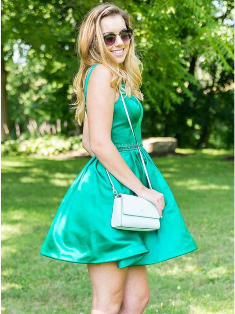 Simple Green Round Neck Satin Short Prom Dresses, Cute Green Homecomin Shiny Party Simple Green Round Neck Satin Short Prom Dresses, Cute Green Homecomin Shiny Party