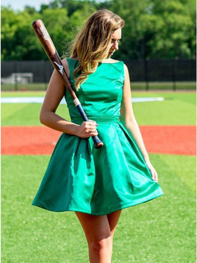 Simple Green Round Neck Satin Short Prom Dresses, Cute Green Homecomin Shiny Party Simple Green Round Neck Satin Short Prom Dresses, Cute Green Homecomin Shiny Party