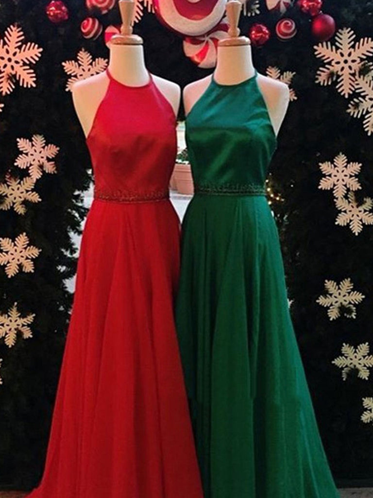 Simple Halter Floor Length Backless Red/Dark Green Prom Dresses, Formal Dresses