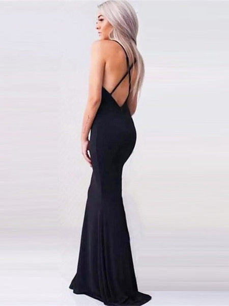 Simple Mermaid Open Back Elegant Long Black Prom Dresses, Backless Black Formal Dresses