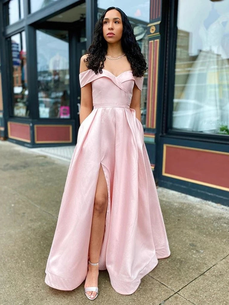 formal women's light pink off the shoulder sexy dress Simple Off Shoulder Pink Long Prom Dresses with Slit, Off Shoulder Pin – Shiny Party