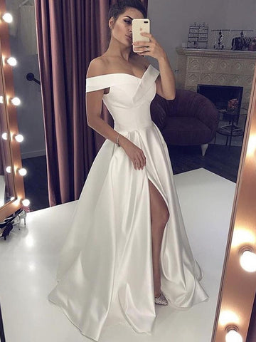 Simple Off Shoulder White Satin Long Prom Dresses with Slit, Off Shoulder White Formal Dresses, White Evening Dresses