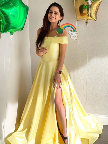 Simple Off Shoulder Yellow Satin Long Prom Dresses with Slit, Off Shoulder Yellow Formal Dresses, Yellow Evening Dresses