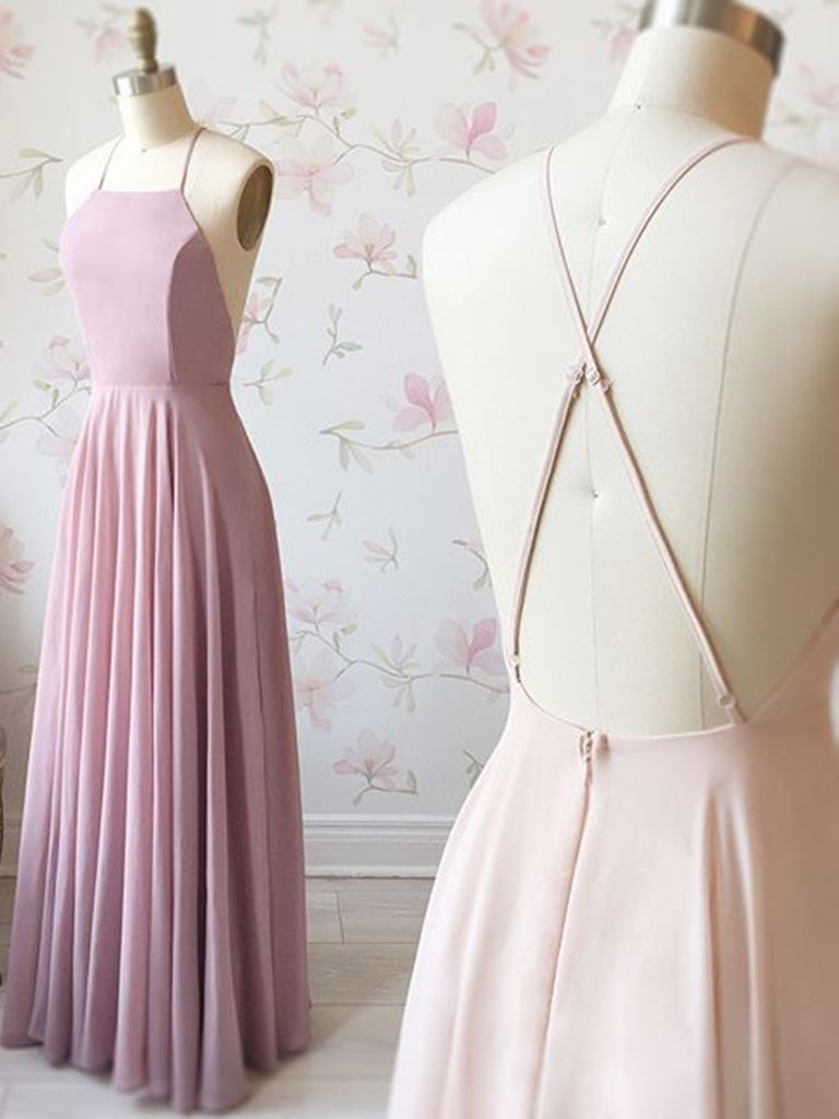 Simple Pink A Line Backless Long Prom Dresses, Pink Backless Formal Dresses, Pink Evening Dresses