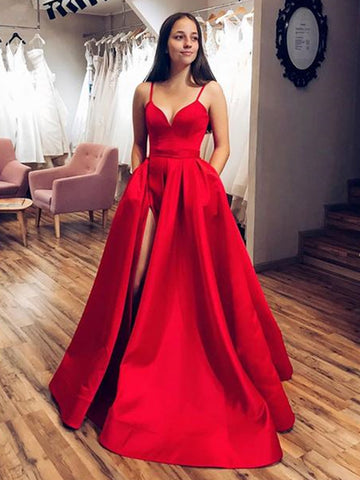 Simple Red Satin Long Prom Dresses with High Slit, Red Formal Graduation Evening Dresses