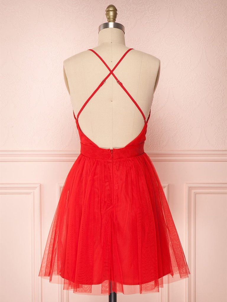 Simple Red V Neck Backless Tulle Homecoming Dresses Short Prom Dresses Shiny Party Simple Red V Neck Backless Tulle Homecoming Dresses Short Prom Dresses Shiny Party