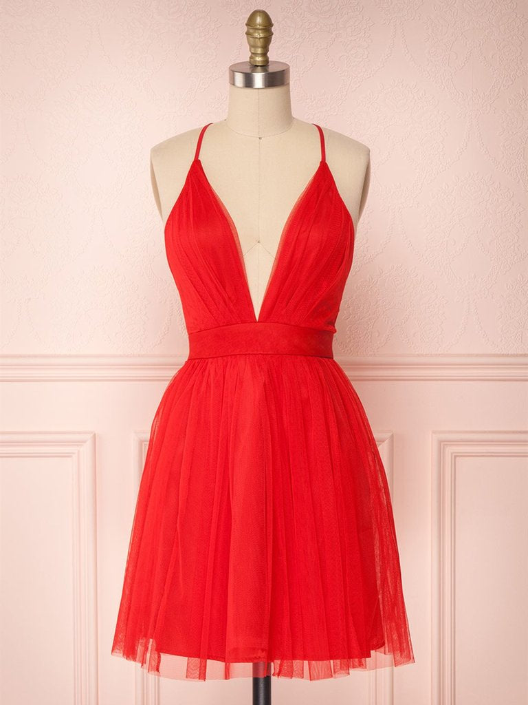 Simple Red V Neck Backless Tulle Homecoming Dresses Short Prom Dresses, Cute Red Formal Dresses, Evening Dresses, Graduation Dresses Simple Red V Neck Backless Tulle Homecoming Dresses Short Prom Dresses, Cute Red Formal Dresses, Evening Dresses, Graduation Dresses