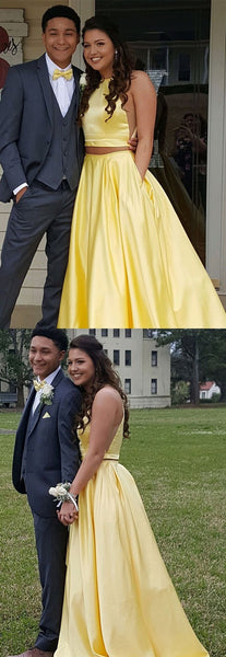 Simple Round Neck Two Pieces Yellow Prom Dresses, Yellow Satin Long Formal Dresses