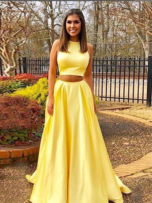 Simple Round Neck Two Pieces Yellow Prom Dresses, Yellow Satin Long Fo Shiny Party Simple Round Neck Two Pieces Yellow Prom Dresses, Yellow Satin Long Fo Shiny Party