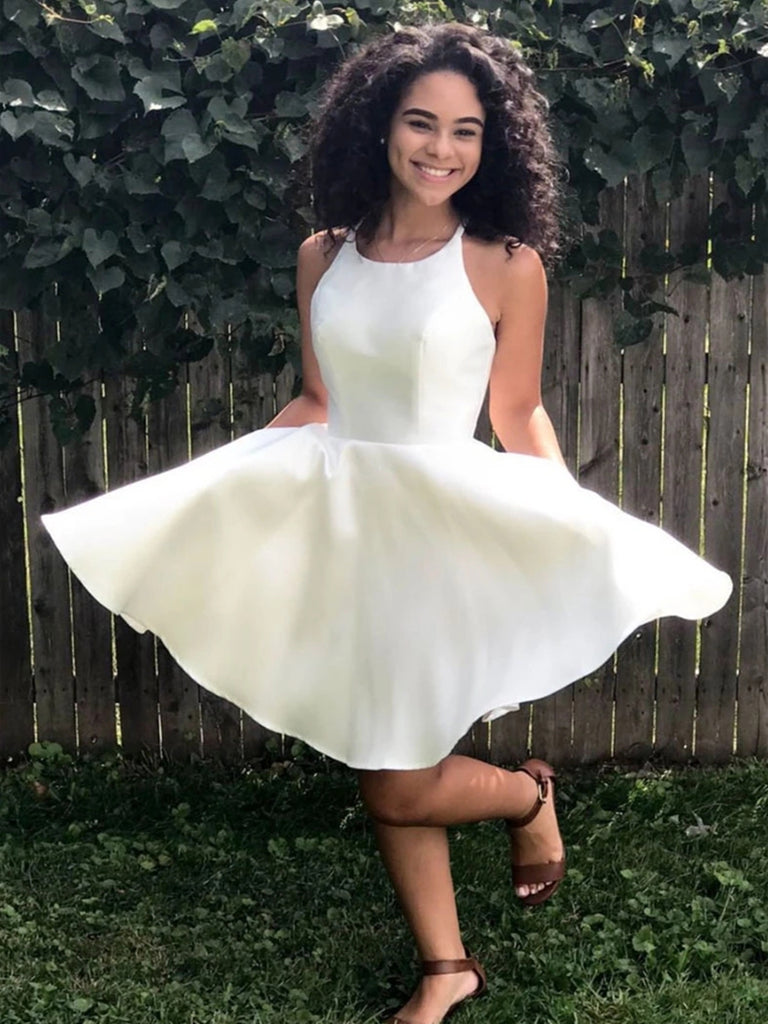 Simple Round Neck White Satin Short Prom Dresses Homecoming Dresses, White Formal Graduation Evening Dresses