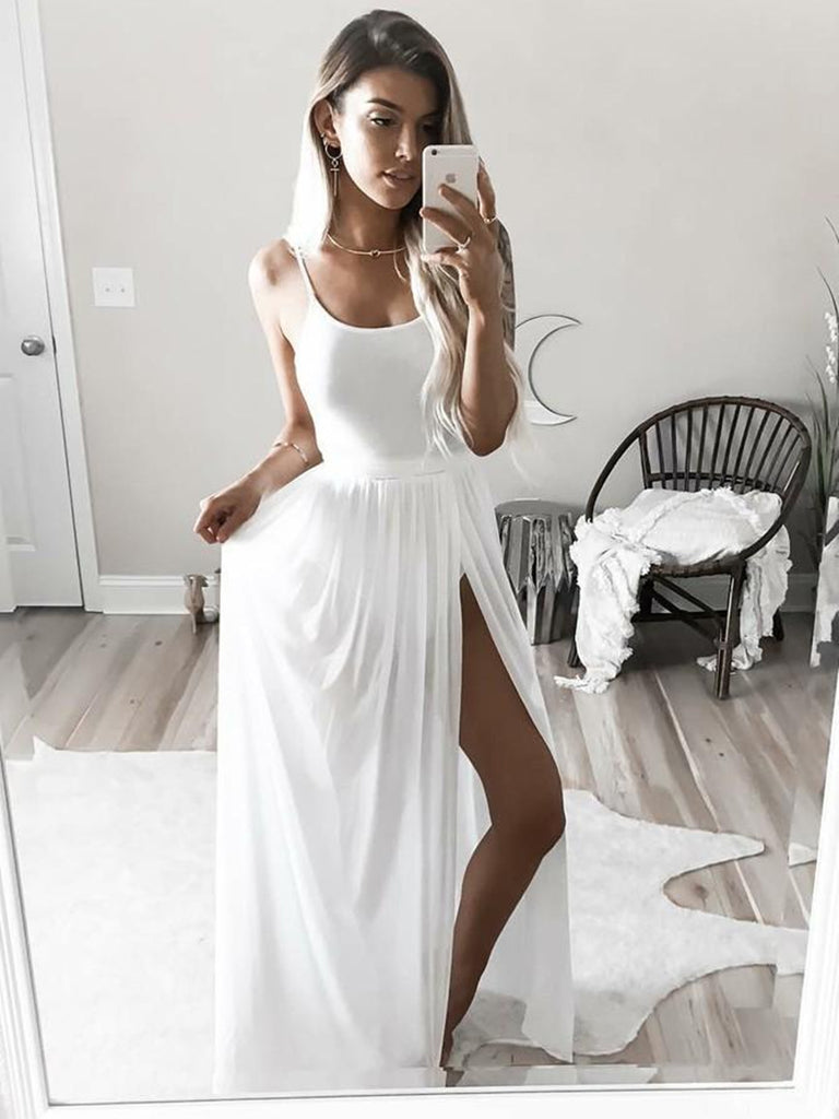 Simple Spaghetti Strap Square Neck White Prom Dresses with Side Split, White Evening Dresses, White Formal Dresses