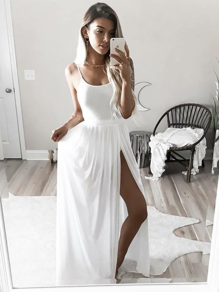 Simple Spaghetti Strap Square Neck White Prom Dresses with Side Slit, Shiny Party Simple Spaghetti Strap Square Neck White Prom Dresses with Side Slit, Shiny Party