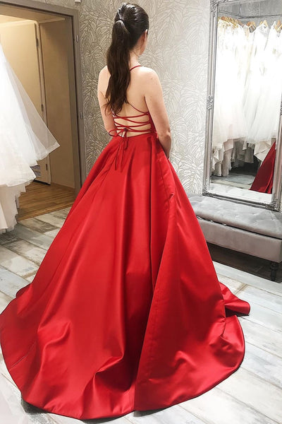 Simple Spaghetti Straps Long Backless Red Prom Dresses 2020, Backless Red Formal Graduation Evening Dresses, Red Party Dresses