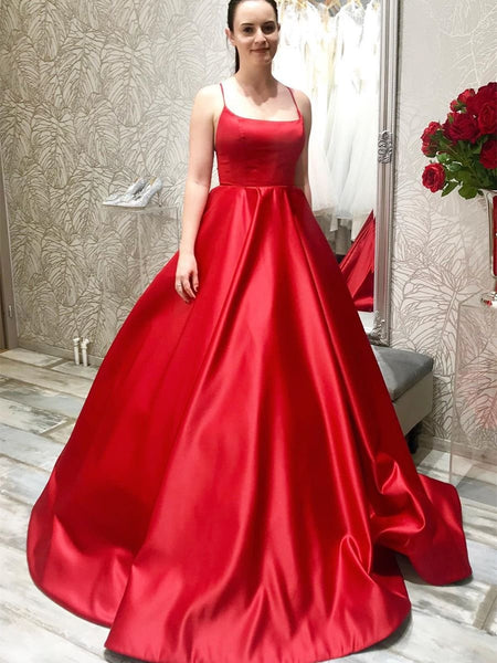 Simple Spaghetti Straps Long Backless Red Prom Dresses 2020, Backless Red Formal Graduation Evening Dresses, Red Party Dresses