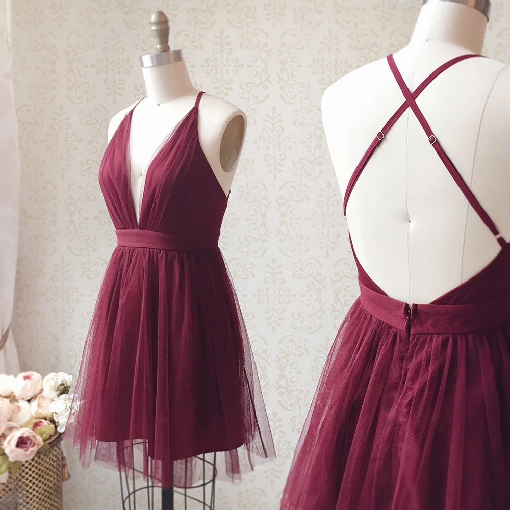 Simple V Neck Backless Burgundy Short Prom Dresses Homecoming Dresses