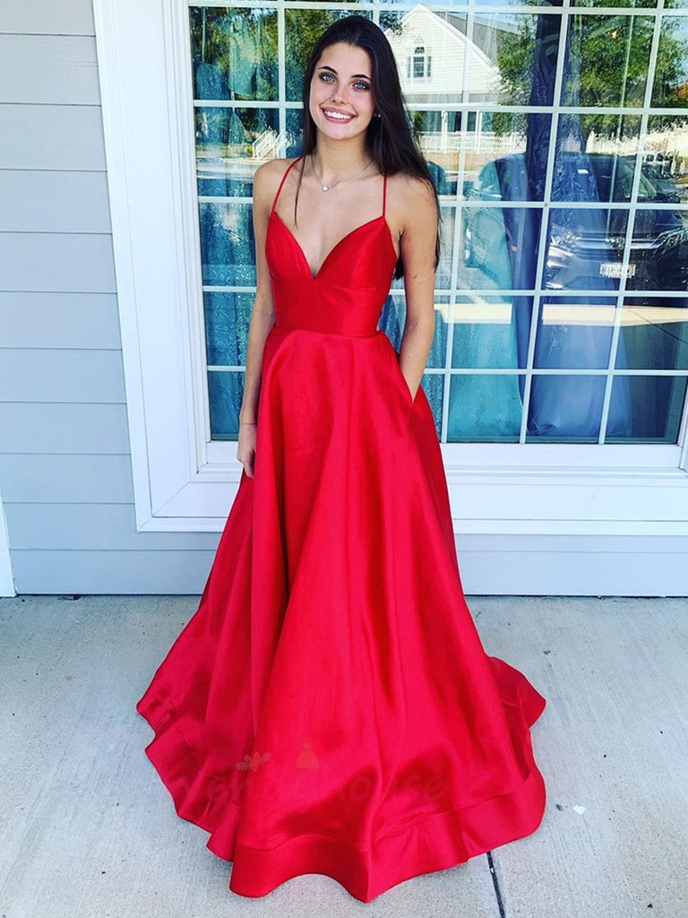 Simple V Neck Backless Red Long Prom Dresses 2020 with Pocket, V Neck Backless Red Formal Graduation Evening Dresses