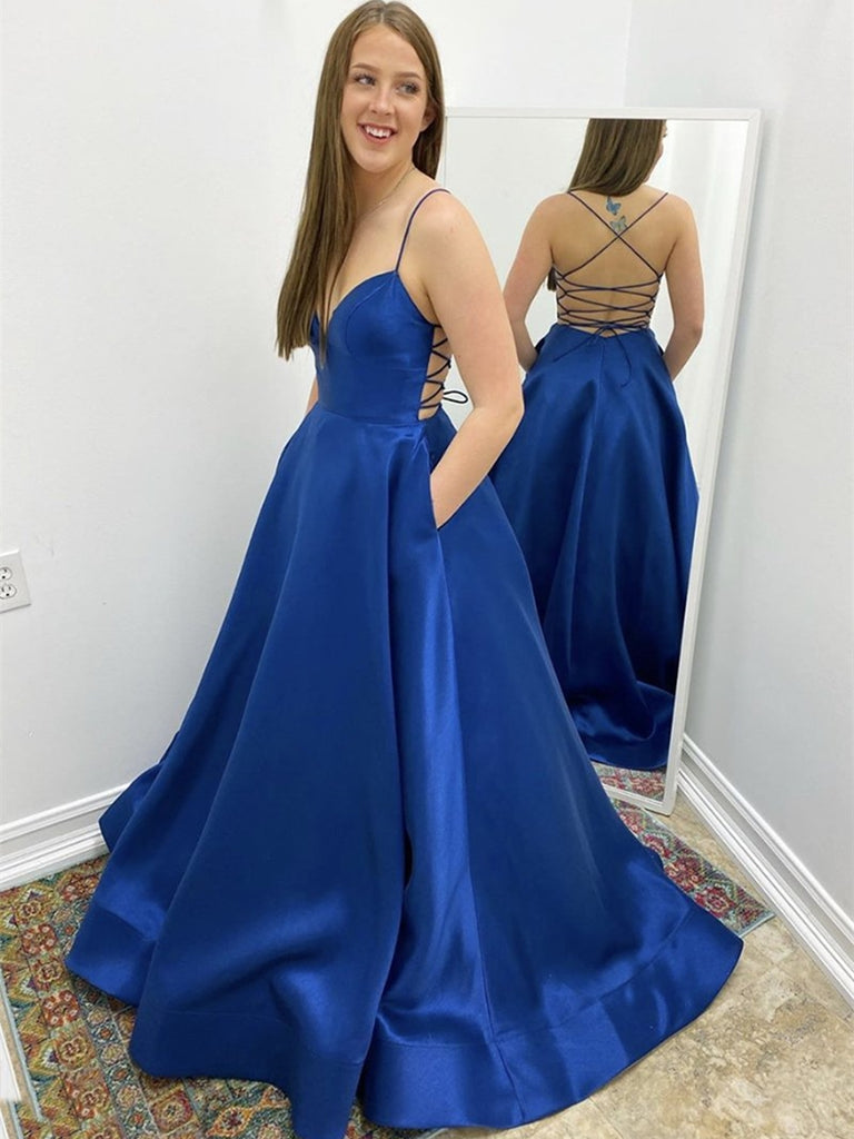 Simple V Neck Backless Royal Blue Prom Dresses with Pocket, Backless Royal Blue Formal Dresses, Royal Blue Evening Dresses