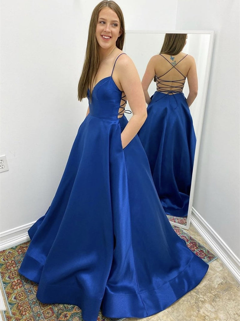 Simple V Neck Backless Royal Blue Prom Dresses with Pocket, Backless R Shiny Party Simple V Neck Backless Royal Blue Prom Dresses with Pocket, Backless R Shiny Party