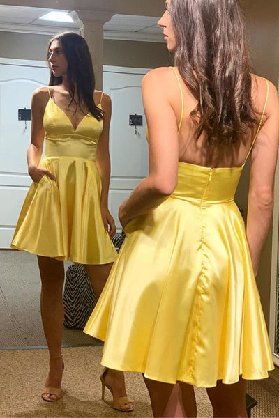 Simple V Neck Backless Yellow Satin Long Prom Homecoming Dresses, Backless Yellow Formal Graduation Evening Dresses