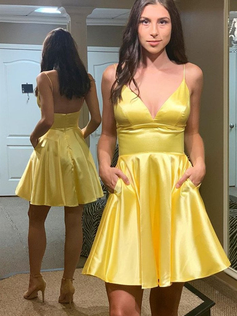 Simple V Neck Backless Yellow Satin Long Prom Homecoming Dresses, Backless Yellow Formal Graduation Evening Dresses