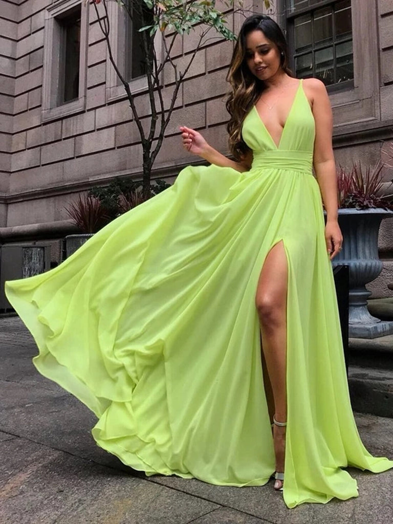 Simple V Neck Bright Yellow Chiffon Long Prom Dresses with Slit, V Nec Shiny Party Simple V Neck Bright Yellow Chiffon Long Prom Dresses with Slit, V Nec Shiny Party