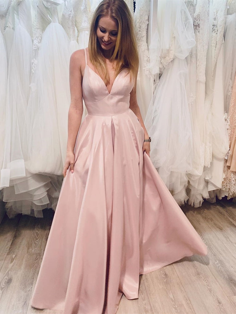 Simple V Neck Pink Satin Long Prom Dresses, V Neck Pink Formal Graduat Shiny Party Simple V Neck Pink Satin Long Prom Dresses, V Neck Pink Formal Graduat Shiny Party