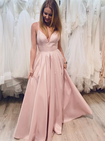 Simple V Neck Pink Satin Long Prom Dresses, V Neck Pink Formal Graduation Evening Dresses, Pink Party Dresses