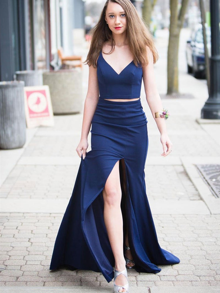 Simple V Neck Two Pieces Blue Prom Dresses with High Slit, Two Pieces Shiny Party Simple V Neck Two Pieces Blue Prom Dresses with High Slit, Two Pieces Shiny Party