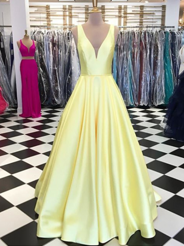 Simple V Neck Yellow Satin Prom Dress, Yellow Formal Dress, V Neck Evening Dress