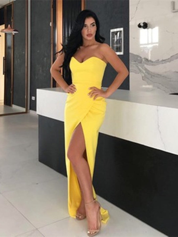 Simple Yellow Sweetheart Neck Satin Long Prom Dresses with Slit, Yellow Formal Dresses, Evening Dresses