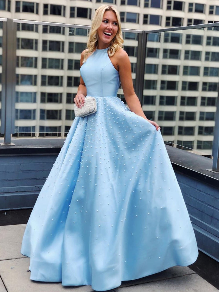 Sky Blue Halter Neck Beaded Long Prom Dresses, Elegant Sky Blue Formal Dresses, Evening Dresses Sky Blue Halter Neck Beaded Long Prom Dresses, Elegant Sky Blue Formal Dresses, Evening Dresses