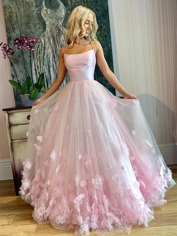 Spaghetti Straps Pink Floral Long Prom Dresses, Pink Floral Long Formal Evening Dresses