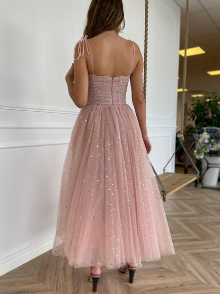 Spaghetti Straps Sequins Pink Tea Length Prom Dresses, Shiny Sequins Pink Homecoming Dresses, Pink Formal Evening Dresses