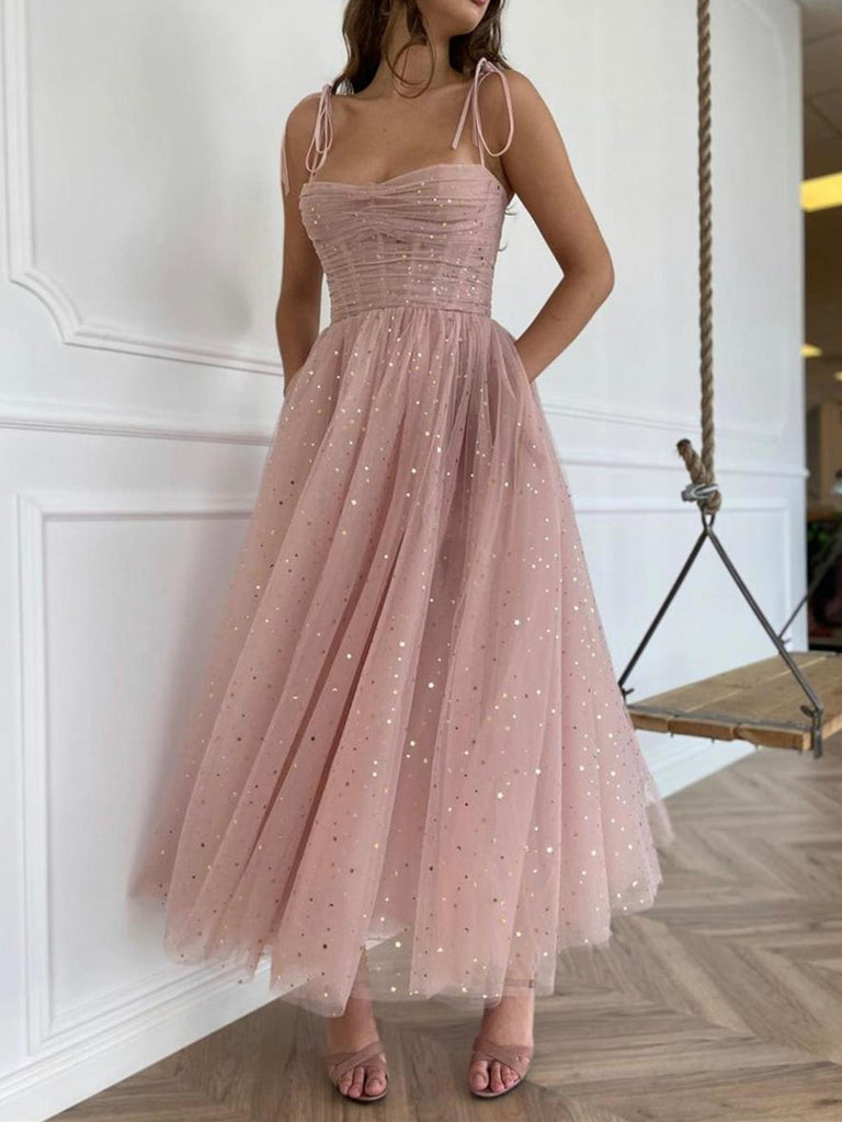 Spaghetti Straps Sequins Pink Tea Length Prom Dresses, Shiny Sequins P Shiny Party Spaghetti Straps Sequins Pink Tea Length Prom Dresses, Shiny Sequins P Shiny Party