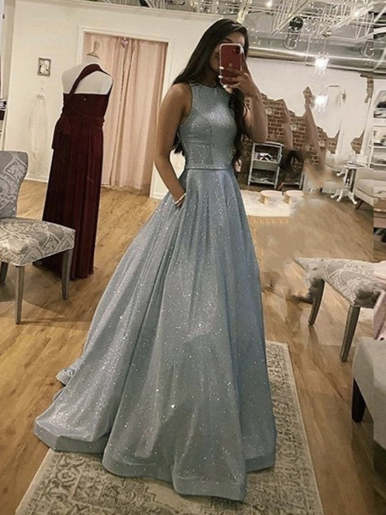 Sparkly Round Neck Silver Grey Long Prom Dresses, Silver Gray Long Formal Evening Dresses