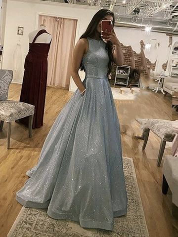 Sparkly Round Neck Silver Grey Long Prom Dresses, Silver Gray Long Formal Evening Dresses