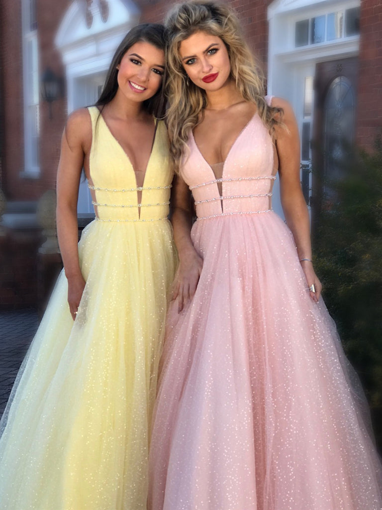 Sparkly A Line V Neck and V Back Yellow/Pink/Light Blue Long Prom Dresses, Yellow/Pink/Light Blue Formal Dresses, Evening Dresses