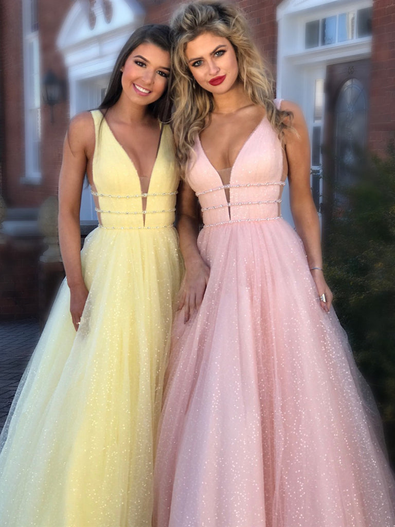 Sparkly A Line V Neck and V Back Yellow/Pink/Light Blue Long Prom Dres Shiny Party Sparkly A Line V Neck and V Back Yellow/Pink/Light Blue Long Prom Dres Shiny Party