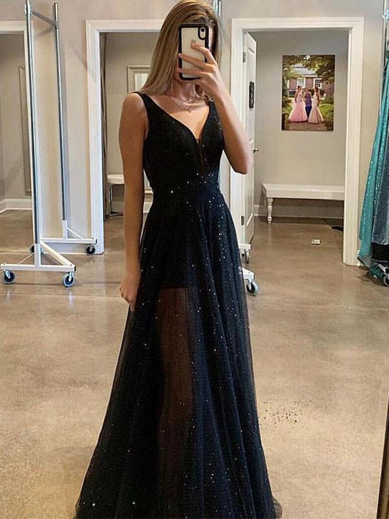 Sparkly Black A Line V Neck Sequins Long Prom Dresses, Black Formal Dresses, Graduation Dresses Sparkly Black A Line V Neck Sequins Long Prom Dresses, Black Formal Dresses, Graduation Dresses