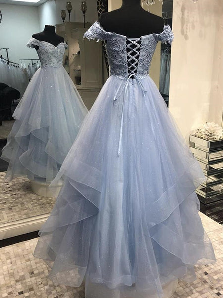 Sparkly Off Shoulder Blue Lace Long Prom Dresses, Off the Shoulder Blue Formal Dresses, Blue Lace Evening Dresses