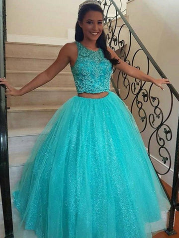 Sparkly Round Neck Two Pieces Lace Beading Long Prom Dresses, Two Pieces Lace Ball Gown, Formal Dresses
