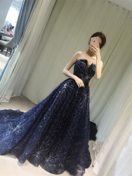 Special Navy Blue Prom Gown With Train, Navy Blue Formal Dress, Navy Blue Evening Dress