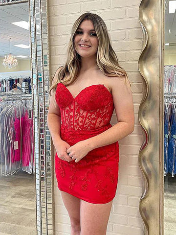 Strapless Beaded Short Red Lace Prom Dresses, Red Lace Homecoming Dresses, Short Red Formal Graduation Evening Dresses SP2421