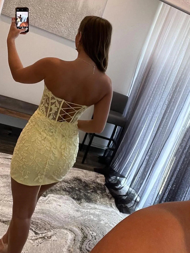 Strapless Beaded Short Yellow Lace Prom Dresses, Yellow Lace Homecomin Shiny Party Strapless Beaded Short Yellow Lace Prom Dresses, Yellow Lace Homecomin Shiny Party