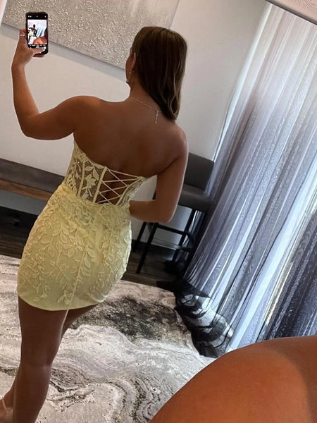 Strapless Beaded Short Yellow Lace Prom Dresses, Yellow Lace Homecoming Dresses, Mermaid Yellow Formal Evening Dresses SP2444