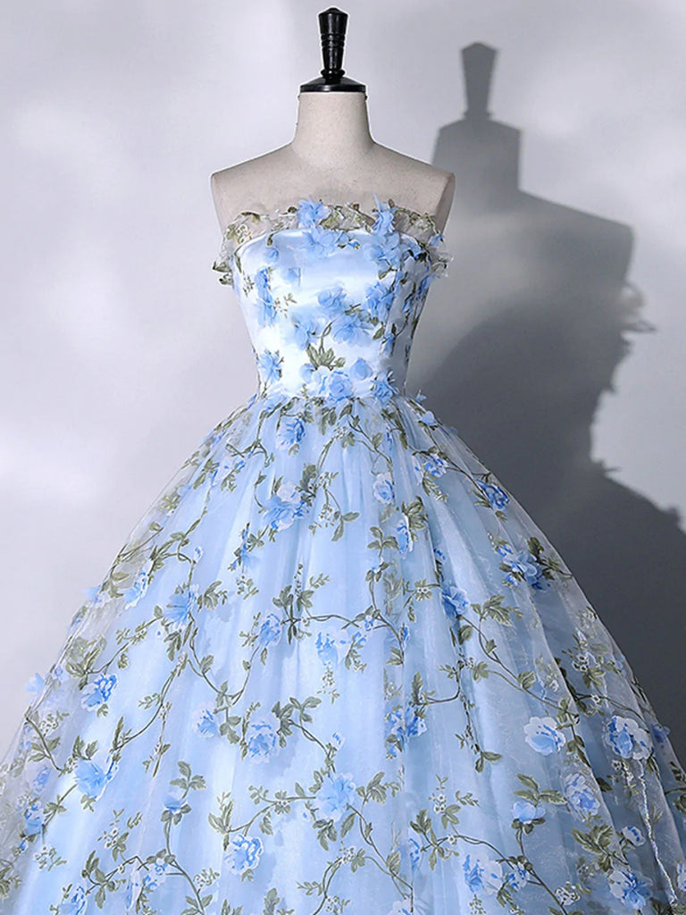 Strapless Blue Lace Floral Long Prom Dresses, Blue Formal Evening Dres