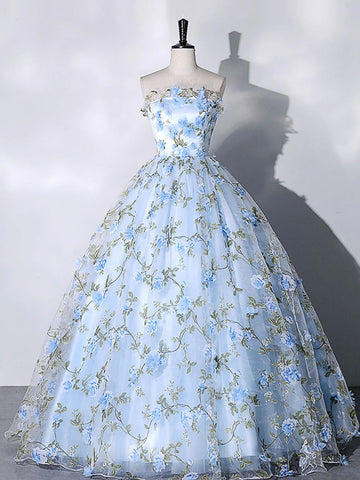 Strapless Blue Lace Floral Long Prom Dresses, Blue Formal Evening Dresses with Appliques, Floral Ball Gown SP2557