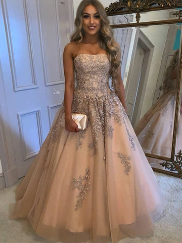 Strapless Champagne Tulle Lace Long Prom Dresses with Appliques, Champagne Lace Formal Graduation Evening Dresses SP2258